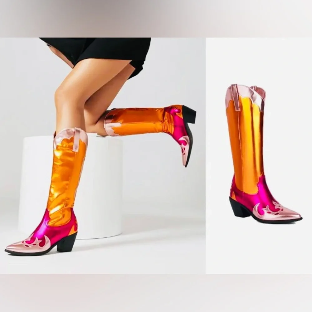 Multi Colored Metallic Chunky Block Heel Cowgirl Boots - Picture 2 of 9